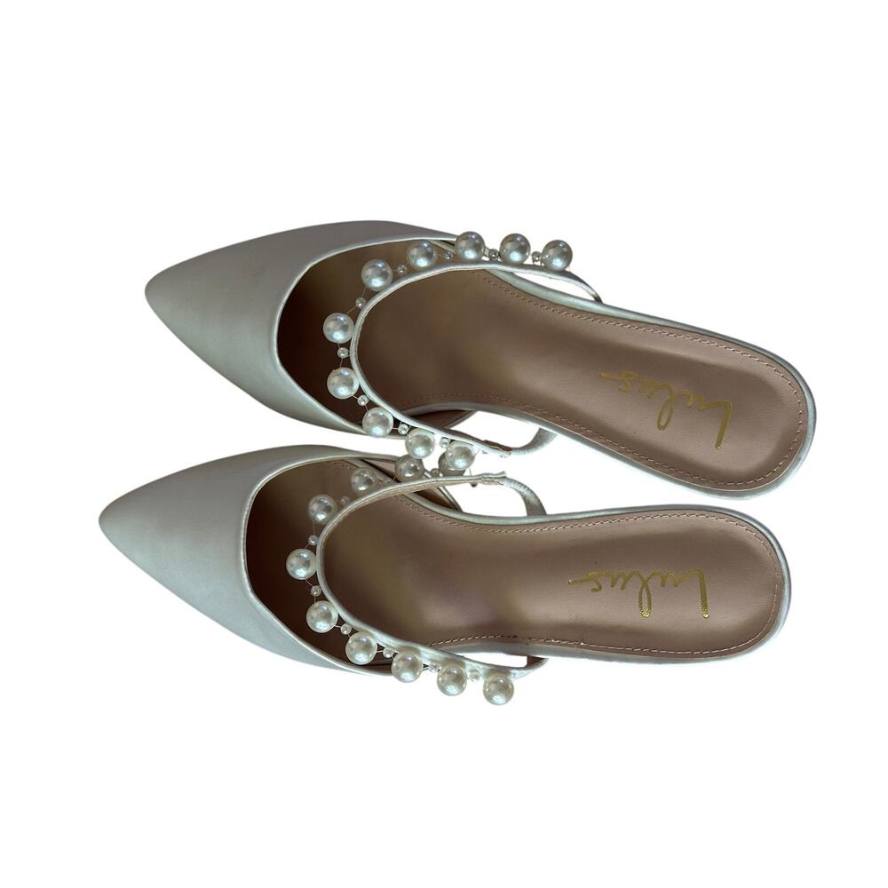 Lulus White Satin Pearl Pointed-Toe Mule Slides size 9 Bridal wedding bride - Picture 7 of 8